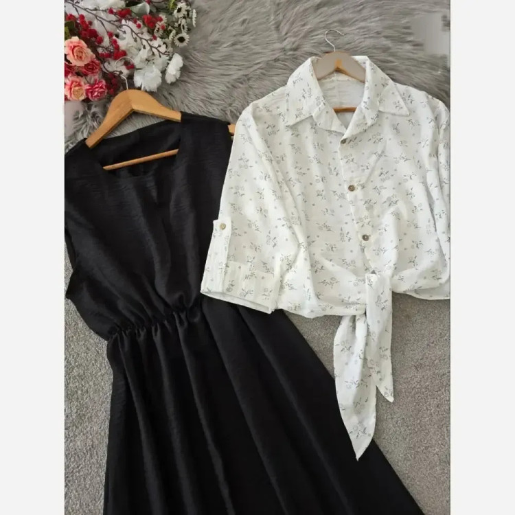 ست شومیز گره ای و سارافون نازنین فری سایز