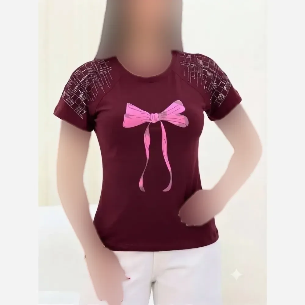 تی شرت باکسی نگینی پاپیون نخ پنبه اعلا فری سایز
