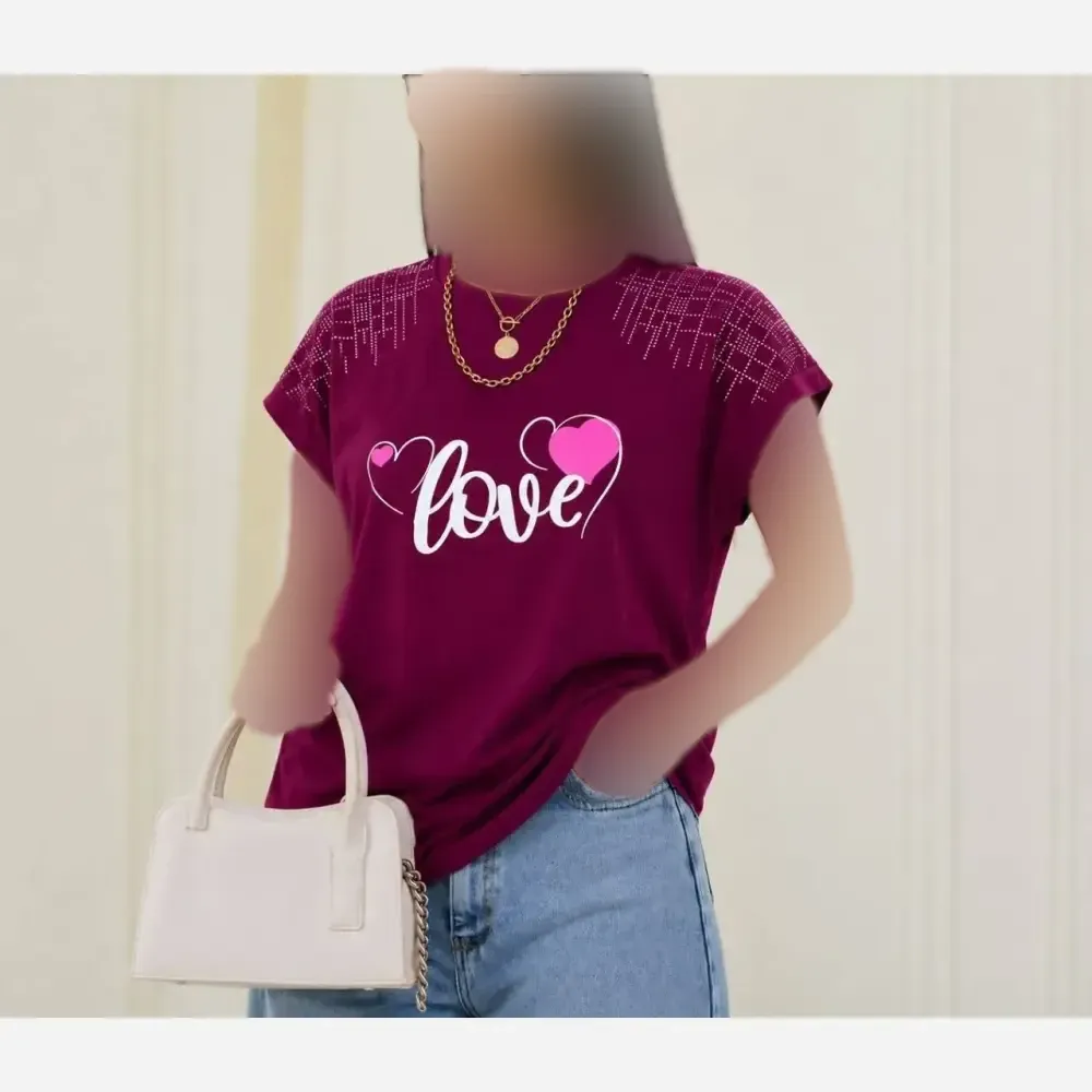 تیشرت باکسی نخ پنبه نگینی طرح LOVE فری سایز