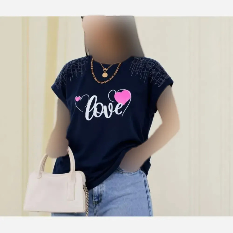 تیشرت باکسی نخ پنبه نگینی طرح LOVE فری سایز