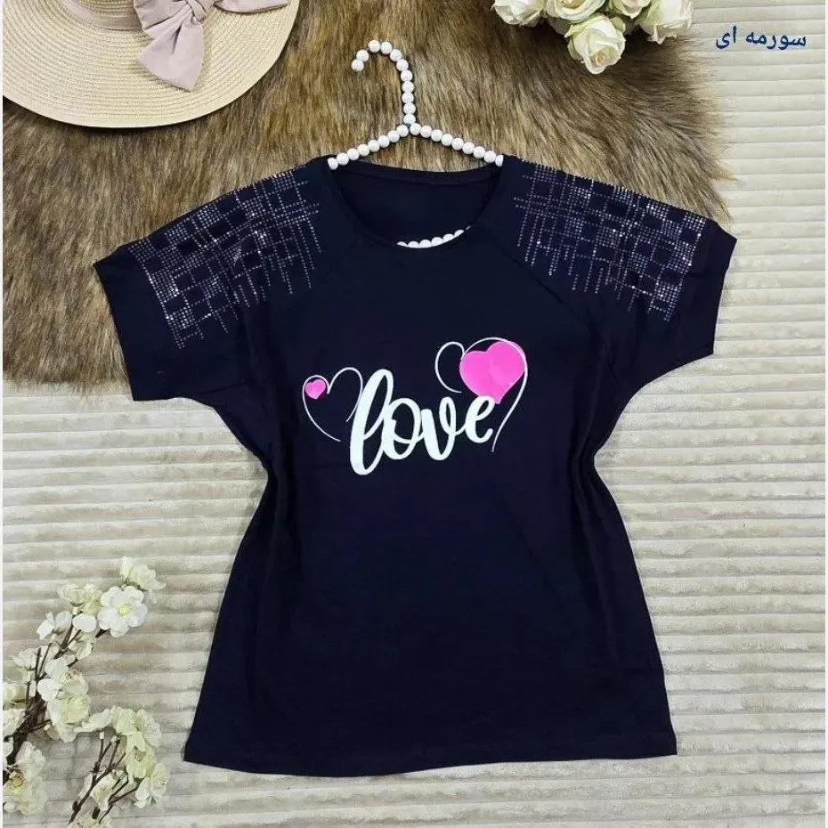 تیشرت باکسی نخ پنبه نگینی طرح LOVE فری سایز