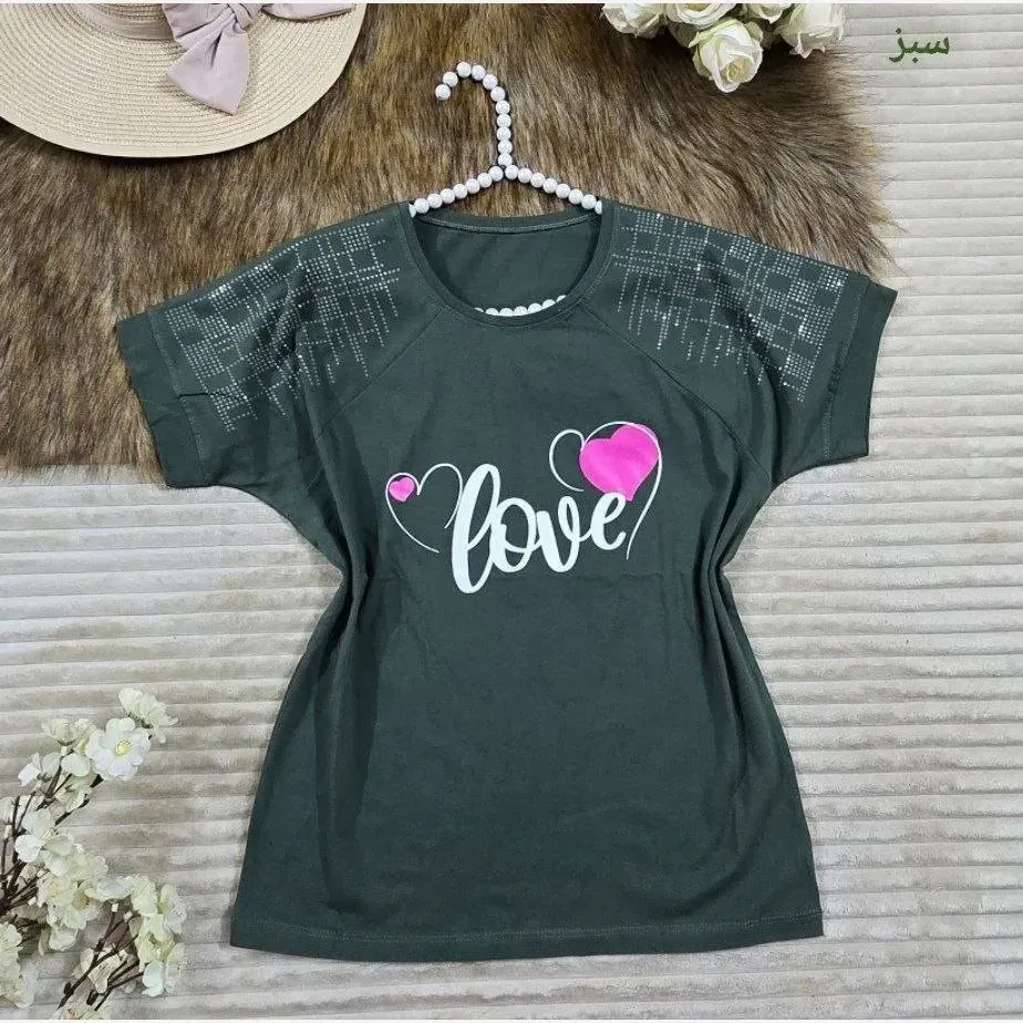 تیشرت باکسی نخ پنبه نگینی طرح LOVE فری سایز