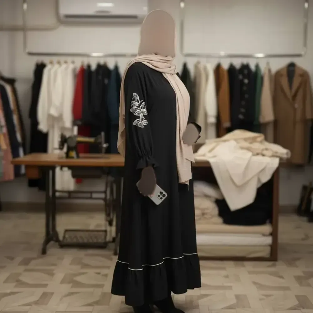 عبا زنانه ترند چیندار مشکی جنس الیزه فری سایز