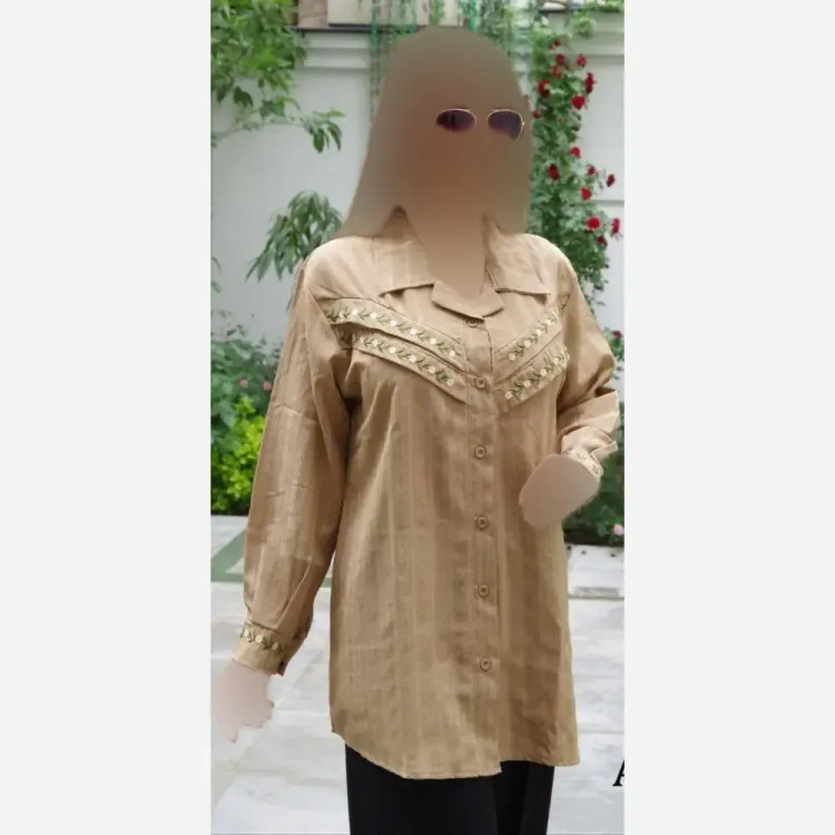 شومیز زنانه لنین ژاکارد طرح سپیده گلدوزی شده رنگ کرم و نسکافه ای سایز 38 تا 48
