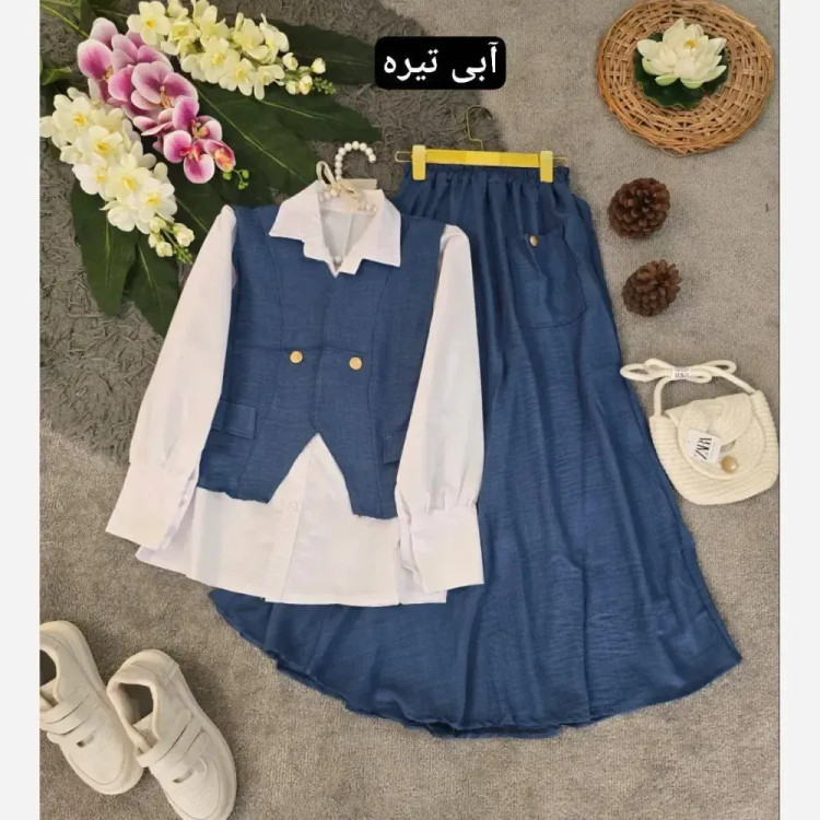 ست سه تیکه شومیز جلیقه و دامن مدل ژینا جنس شانتون فری سایز