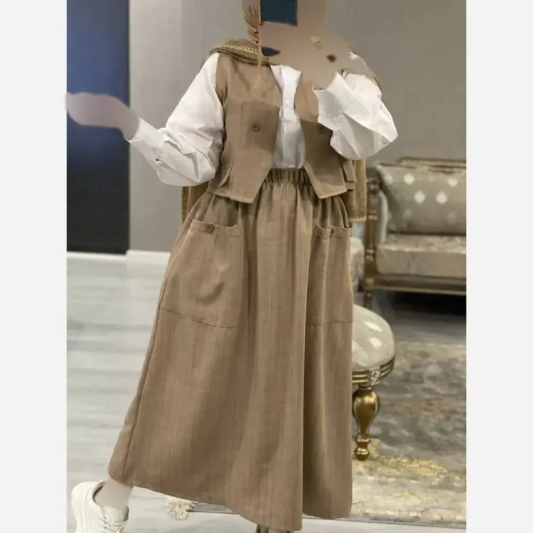 ست سه تیکه شومیز جلیقه و دامن مدل ژینا جنس شانتون فری سایز
