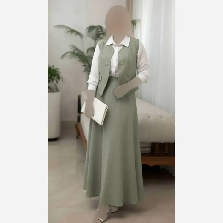 ست سه تیکه شومیز جلیقه و دامن مدل ژینا جنس شانتون فری سایز