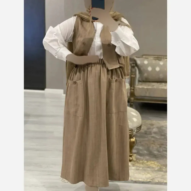 ست سه تیکه شومیز جلیقه و دامن مدل ژینا جنس شانتون فری سایز