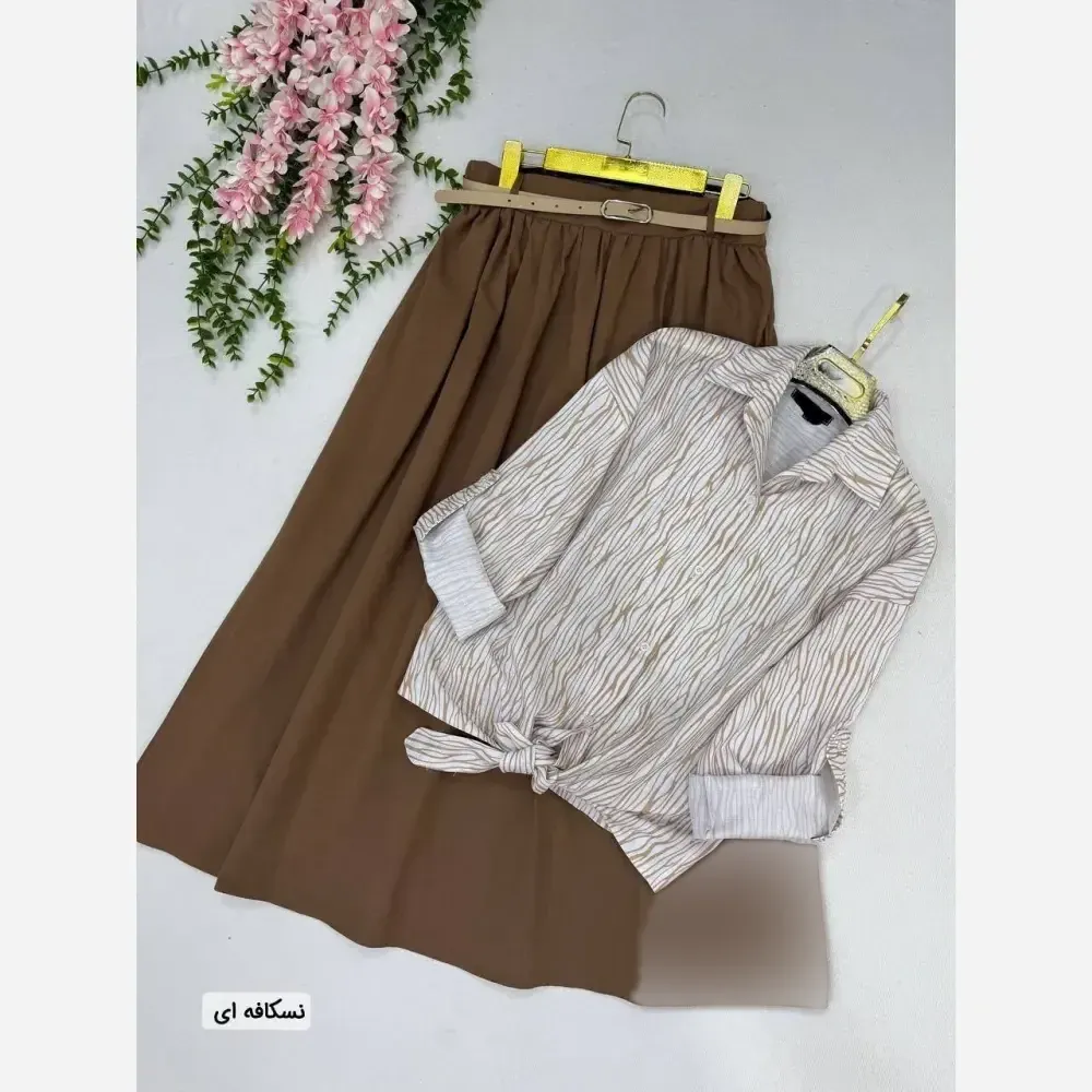 ست شومیز اسلپ و دامن لینن همتا رنگ مشکی و نسکافه ای سایز 1 و 2