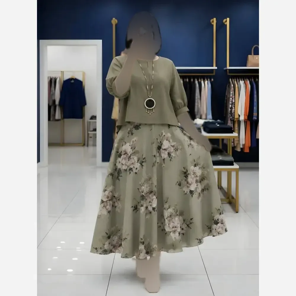 ست ست شومیز دامن لینن و کنفی گلدیس فری سایز تا 48