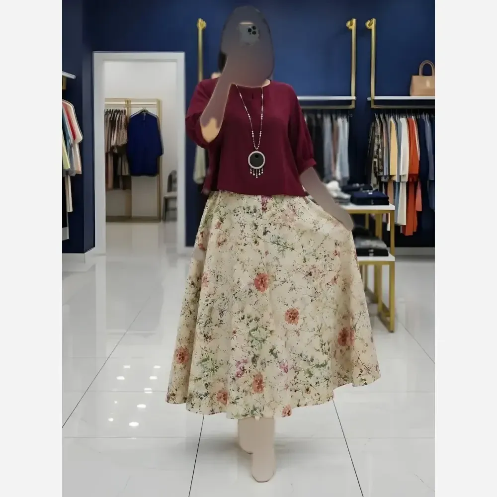 ست ست شومیز دامن لینن و کنفی گلدیس فری سایز تا 48