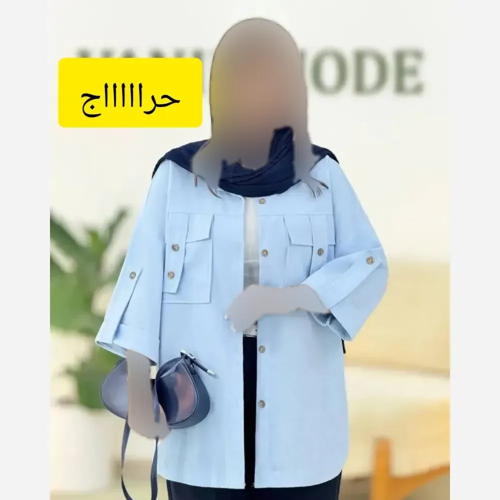 شومیز لنین کتان نیلی جیب طرح صلیبی سایز بزرگ فری سایز