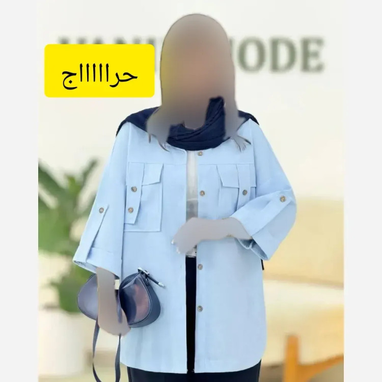 شومیز لنین کتان نیلی جیب طرح صلیبی سایز بزرگ فری سایز