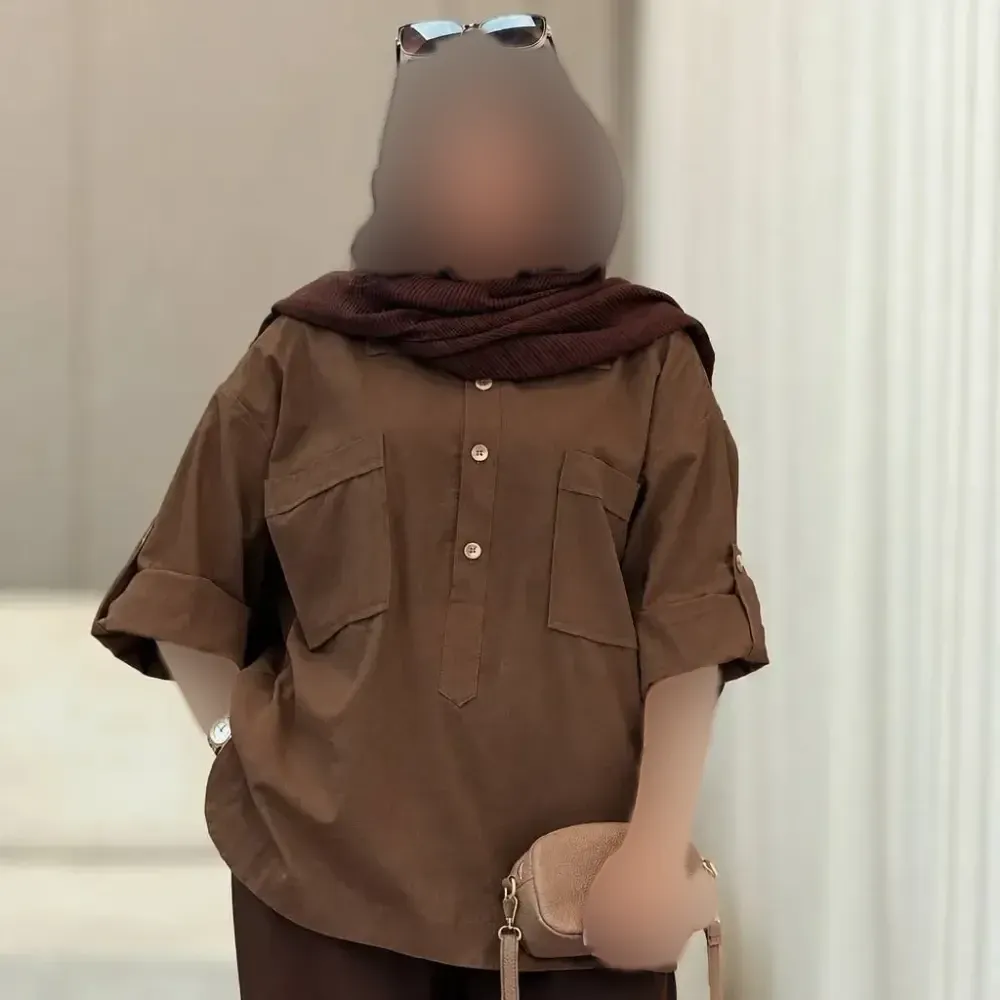 شومیز لینن زنانه مدل مهشید فری سایز تا 48 رنگ شکلاتی نسکافه ای سبز