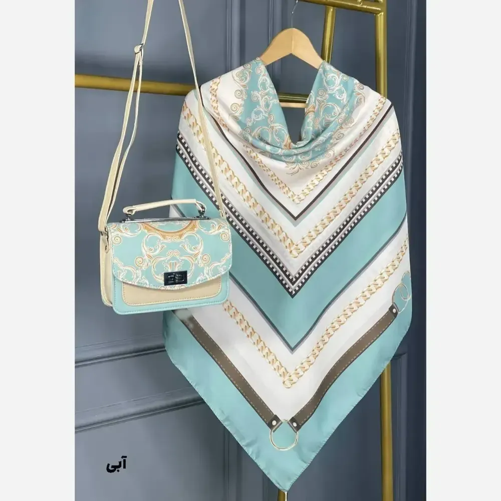 ست کیف و روسری مخمل و چرم صنعتی مشکی سبز آبی