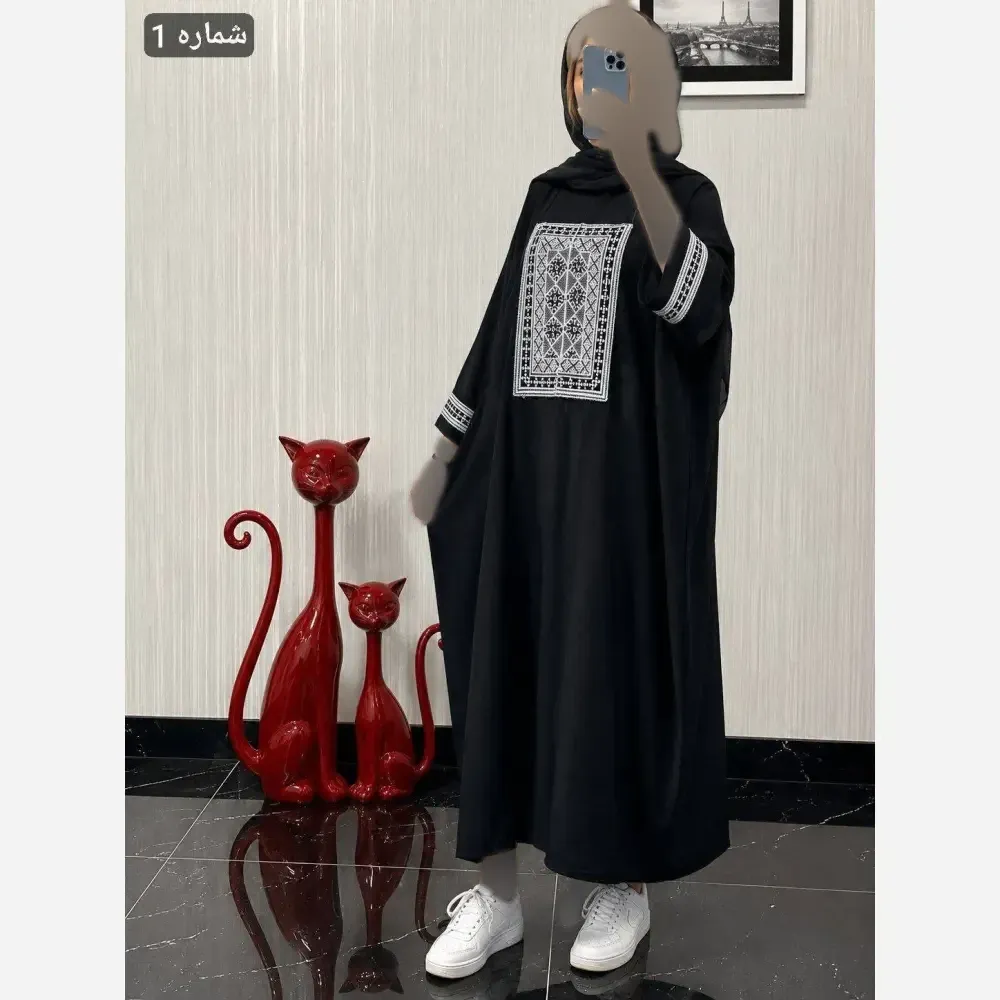 مانتو عبایی سمیرا کرپ اسکاچی کتیبه تافته فری سایز 36 تا 58 قد 115