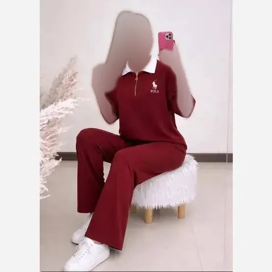 ست پولوشرت نیم زیپ و شلوار زنانه polo جنس گلکسی نخ پنبه در رنگبندی متنوع و سایز فری