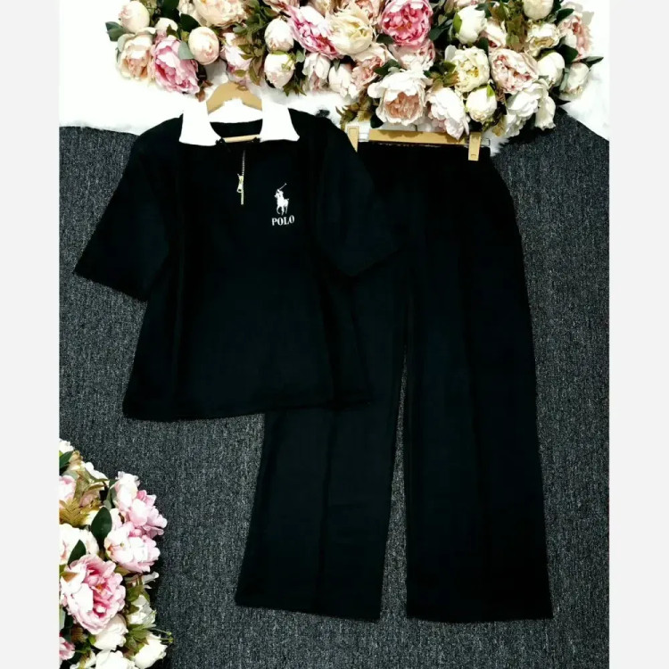 ست پولوشرت نیم زیپ و شلوار زنانه polo جنس گلکسی نخ پنبه در رنگبندی متنوع و سایز فری