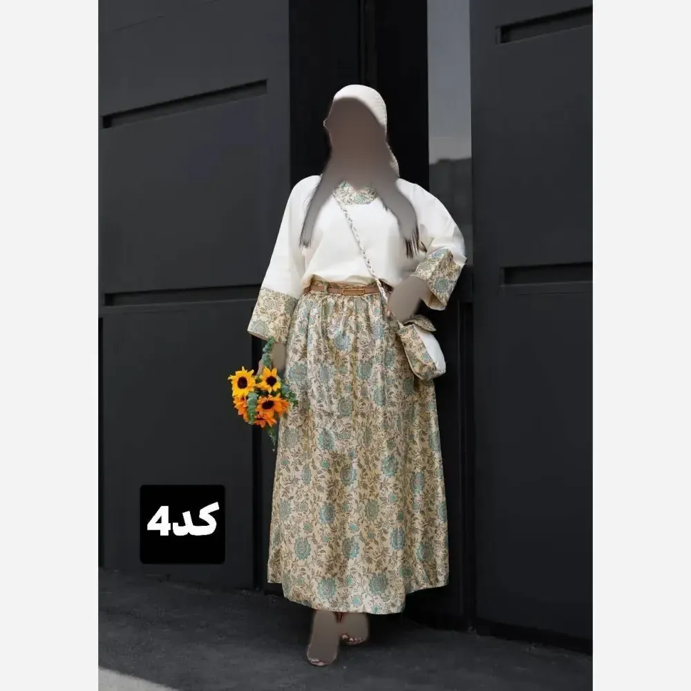 ست 4 تیکه کاترینا شومیز دامن کیف کمربند جنس لینن وارداتی سایزبندی 38 تا 46