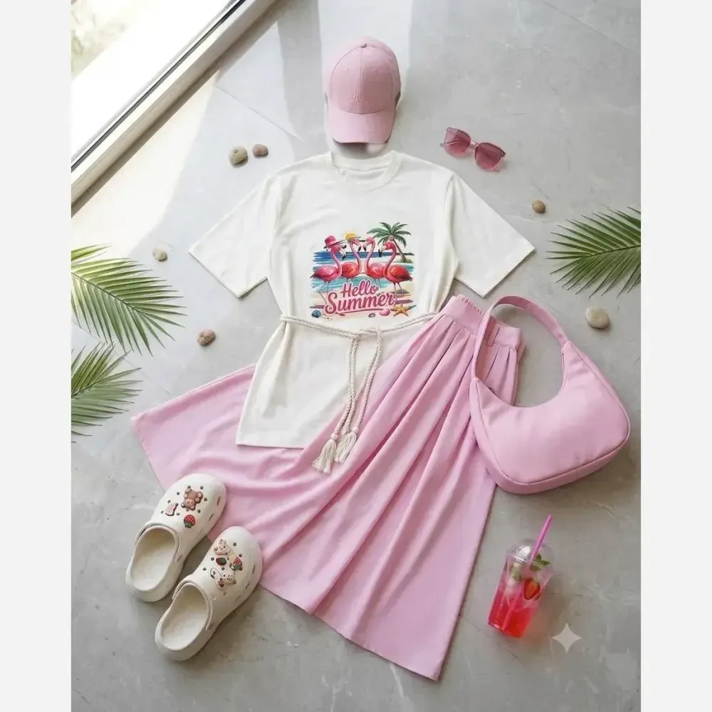 ست تیشرت دامن کمربند صدف دریایی زنانه 3 تکه سایزبندی 38 تا 48