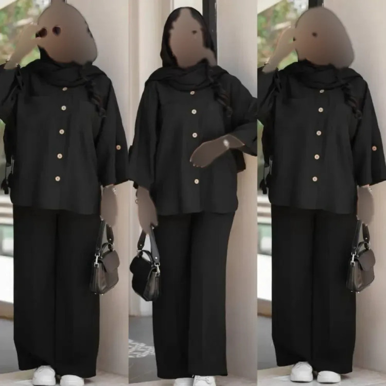 ست شومیز و شلوار محرمی زنانه رنگ مشکی جنس شانتون صوفیا فری سایز