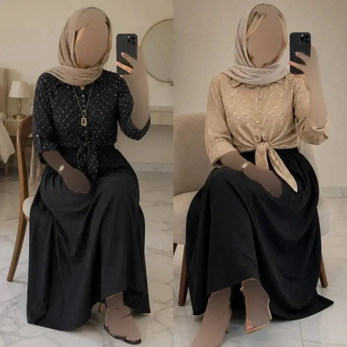 ست شومیز گره ای و دامن ستوده زنانه فری سایز جنس گل گچی و شانتون در رنگ بندی متنوع