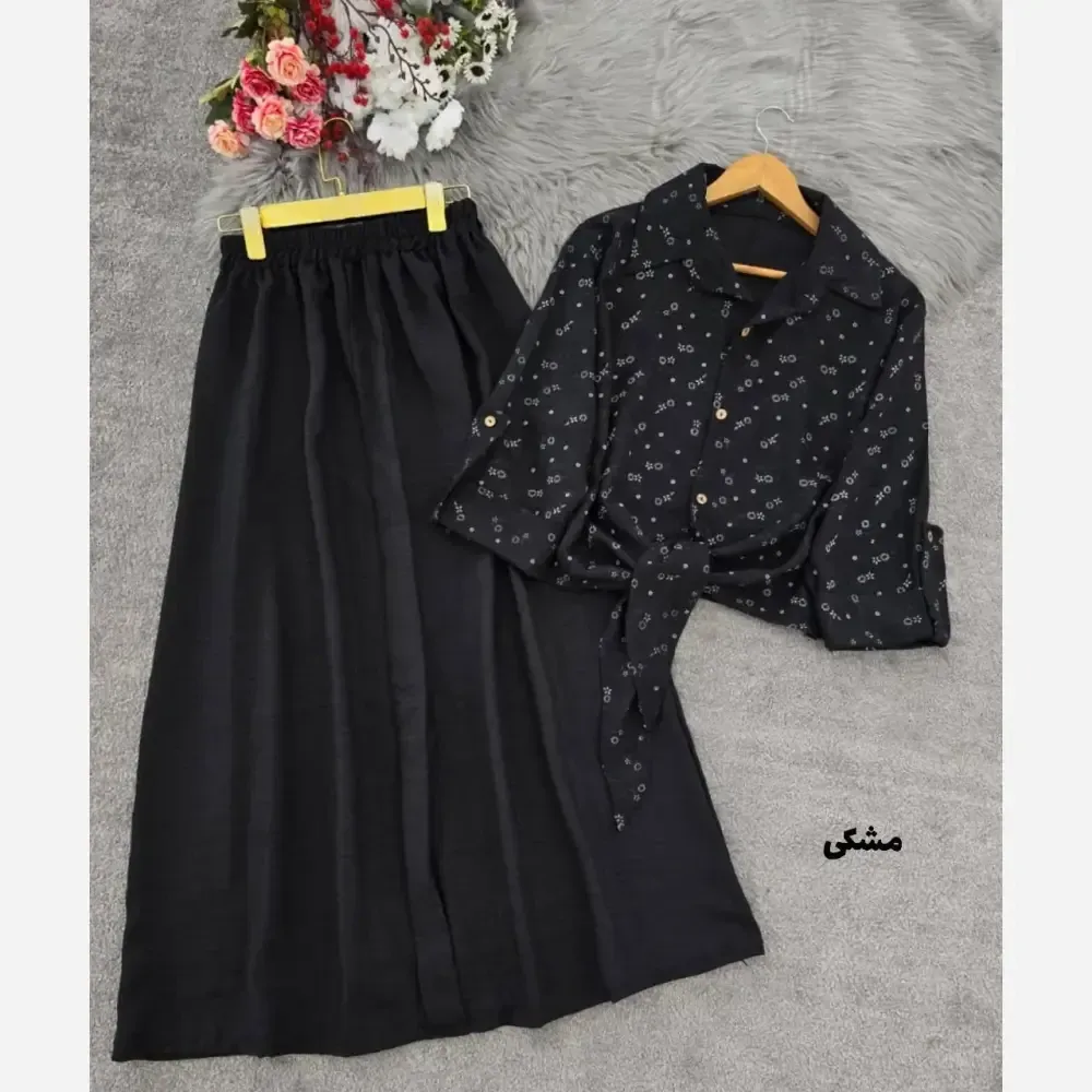 ست شومیز گره ای و دامن ستوده زنانه فری سایز جنس گل گچی و شانتون در رنگ بندی متنوع