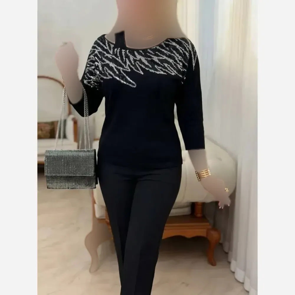 شومیز مجلسی پریناز مشکی پنبه لاکرا نگین کاری شده فری سایز