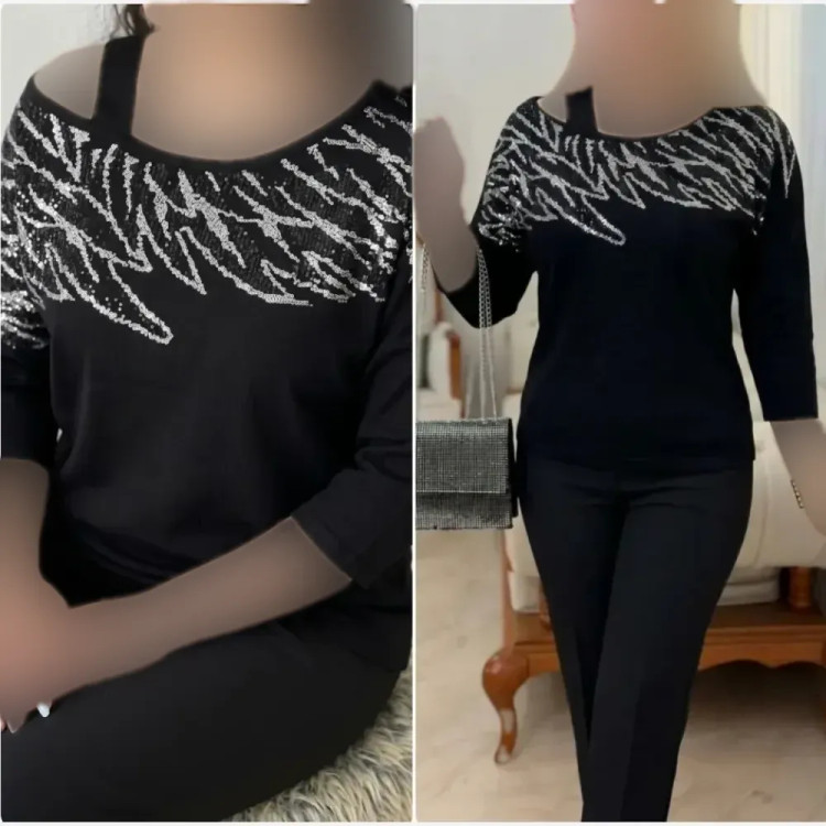 شومیز مجلسی پریناز مشکی پنبه لاکرا نگین کاری شده فری سایز