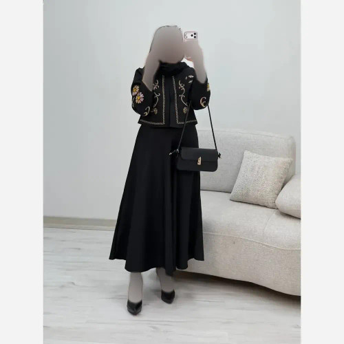 کت دامن گلدوزی زنانه کرپ مازراتی مشکی فری سایز