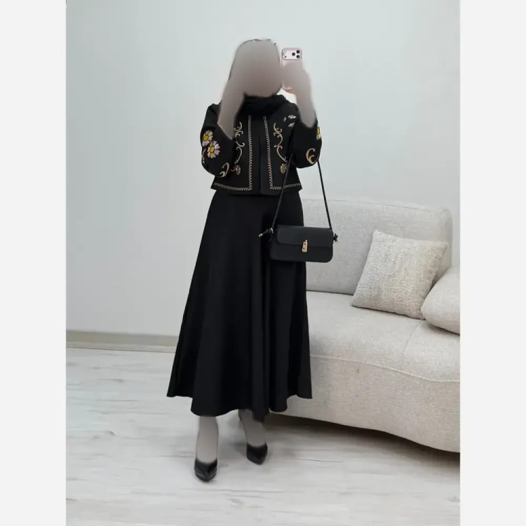 کت دامن گلدوزی زنانه کرپ مازراتی مشکی فری سایز