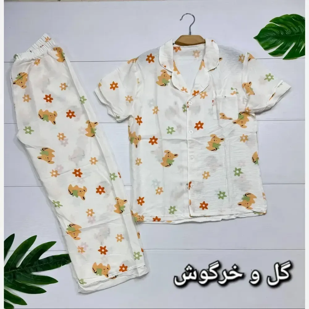 بلوز شلوار نخی وارداتی مدل هانا سایز فری 38 تا 46 طرح فندی خرسی تدی گیلاس توت فرنگی گل خرگوش