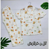 بلوز شلوار نخی وارداتی مدل هانا سایز فری 38 تا 46 طرح فندی خرسی تدی گیلاس توت فرنگی گل خرگوش