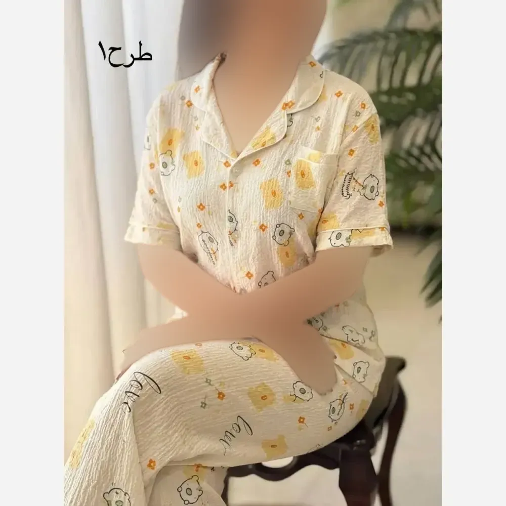 بلوز شلوار نخی وارداتی مدل هانا سایز فری 38 تا 46 طرح فندی خرسی تدی گیلاس توت فرنگی گل خرگوش