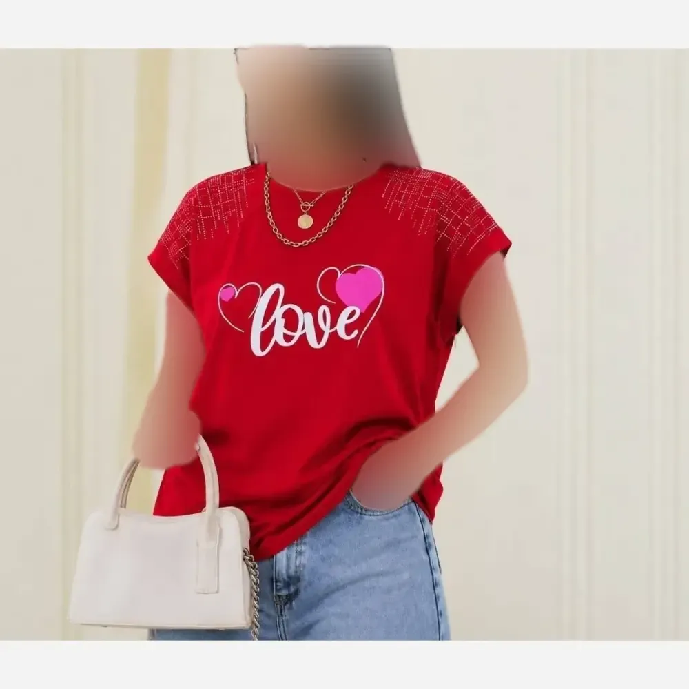 تیشرت باکسی نگینی طرح LOVE جنس نخ پنبه فری سایز