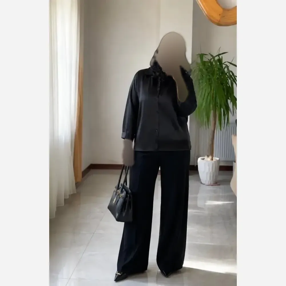 شومیز ساتن ابریشم درجه یک مشکی سایز 38 تا 46