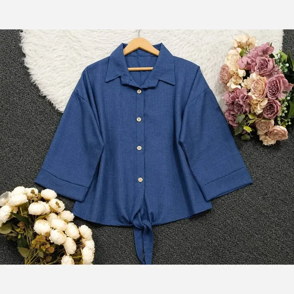 شومیز گره ای زنانه سوپر شانتون درجه یک فری سایز (38-48) در رنگبندی مشکی، سدری، سورمه ای، استخونی