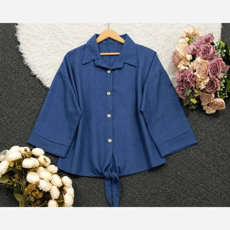 شومیز گره ای زنانه سوپر شانتون درجه یک فری سایز (38-48) در رنگبندی مشکی، سدری، سورمه ای، استخونی
