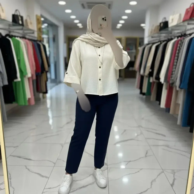 شومیز باکسی طهورا نخ پنبه طرح زنبوری شیری فری سایز قد 63