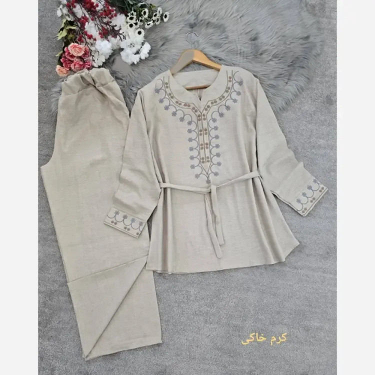 ست تونیک شلوار گلدوزی شده شانتون فری سایز نسکافه ای کرم خاکی سبز سدری