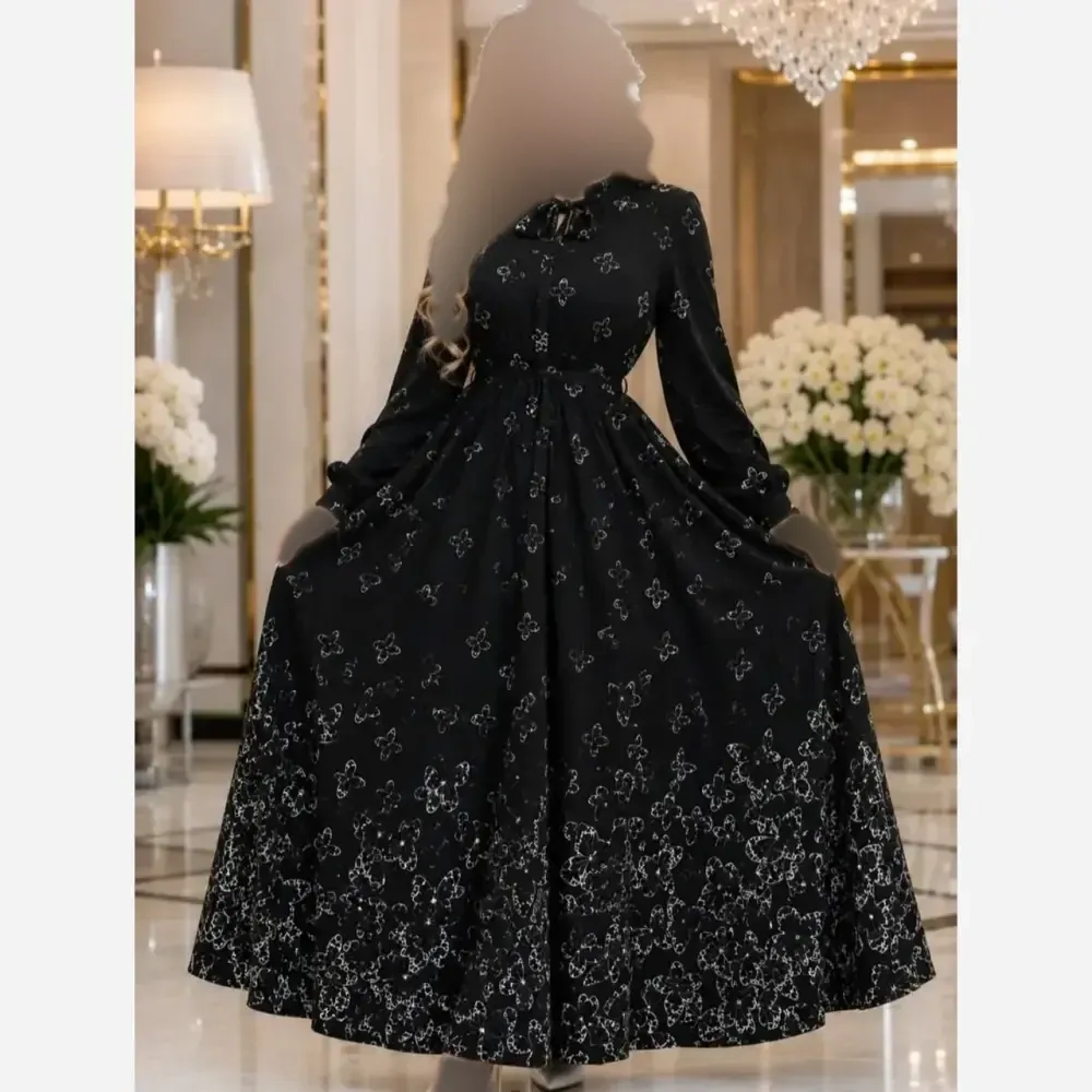 پیراهن طرحدار طناز بوگاتی مشکی قلبی و پروانه ای فری سایز قد 135