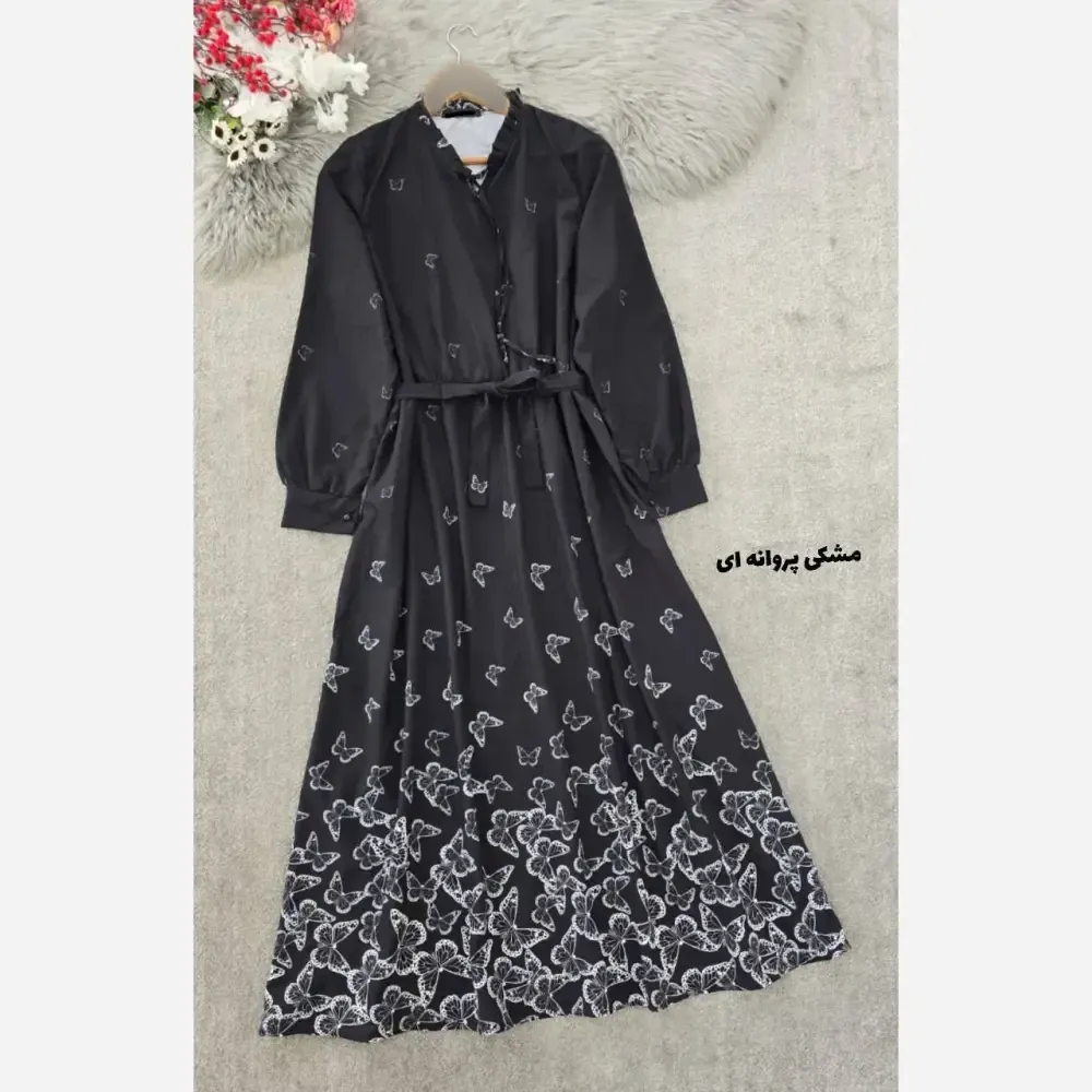 پیراهن طرحدار طناز بوگاتی مشکی قلبی و پروانه ای فری سایز قد 135