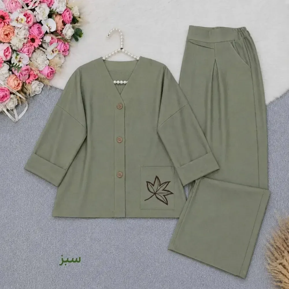 ست مانتو و شلوار گلبرگ لینن کجراه پنبه ترک فری سایز تا 48