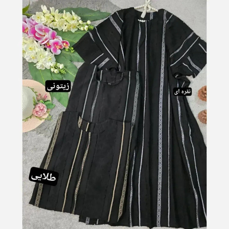 عبا نگین کرپ ژاکارد فری سایز 38 تا 50 بند تنظیم دار قد 130 طلایی نقره ای زیتونی