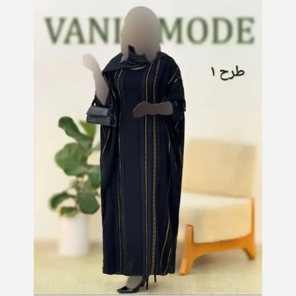 عبا نگین کرپ ژاکارد فری سایز 38 تا 50 بند تنظیم دار قد 130 طلایی نقره ای زیتونی