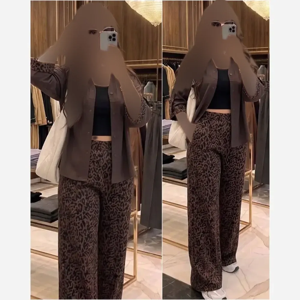 ست ترند پلنگی شومیز لینن و شلوار کتان سیلک سایز 38 تا 46
