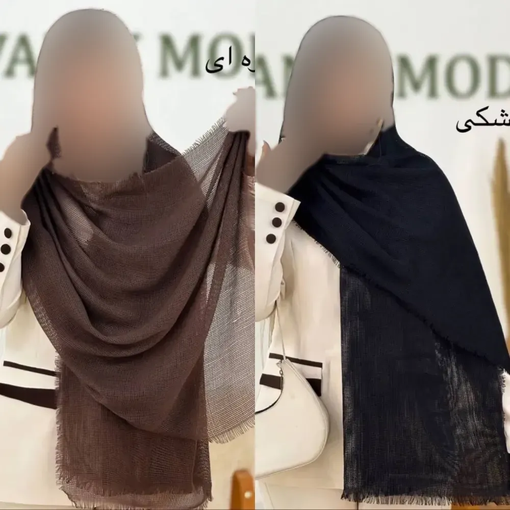 شال دور ریش پلیسه لمه دار نسکافه ای ابعاد 75 در 175 سانتیمتر