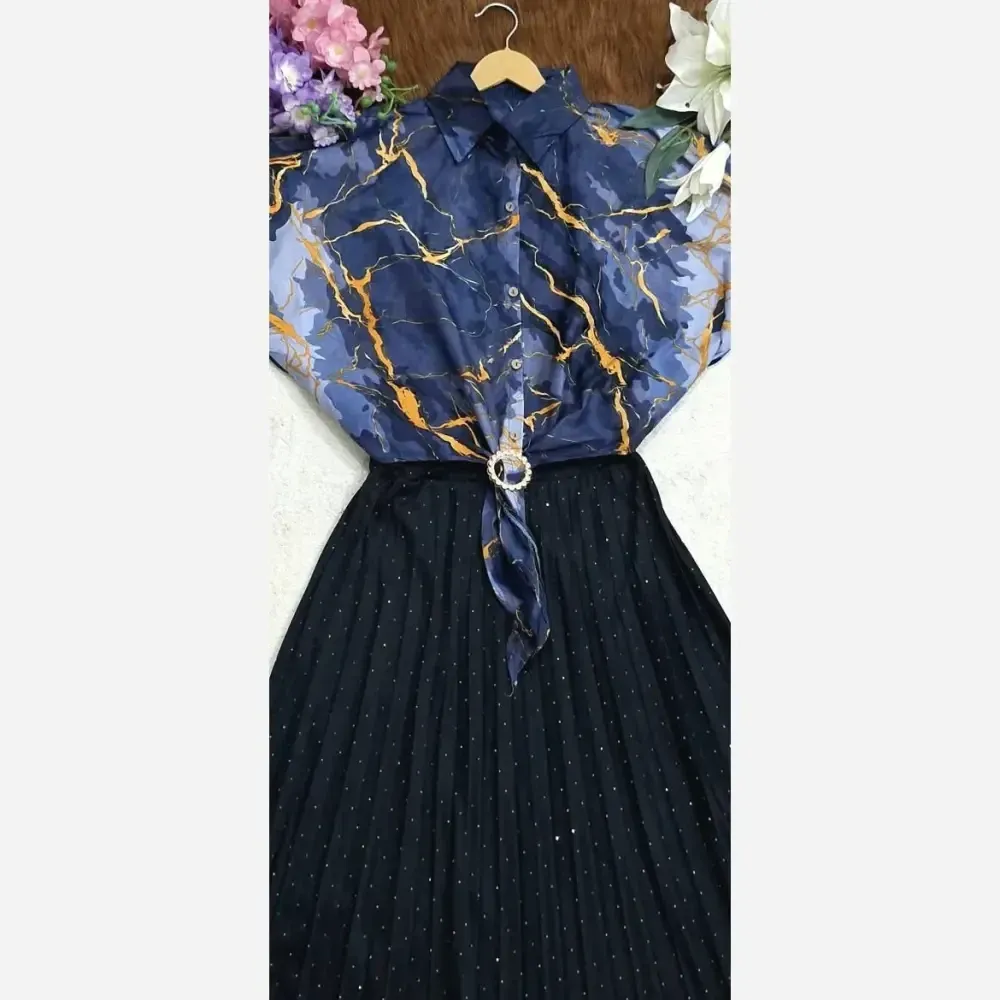 شومیز گره ای طرح مرمر نخی سرمه ای فری سایز