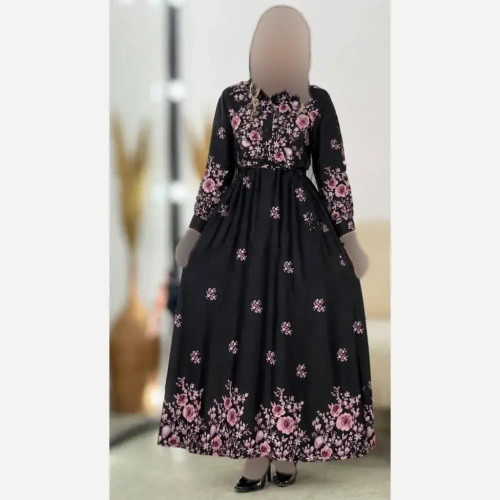 پیراهن زنانه بوگاتی زنبق فری سایز 38 تا 46 گل طلایی و گل صورتی