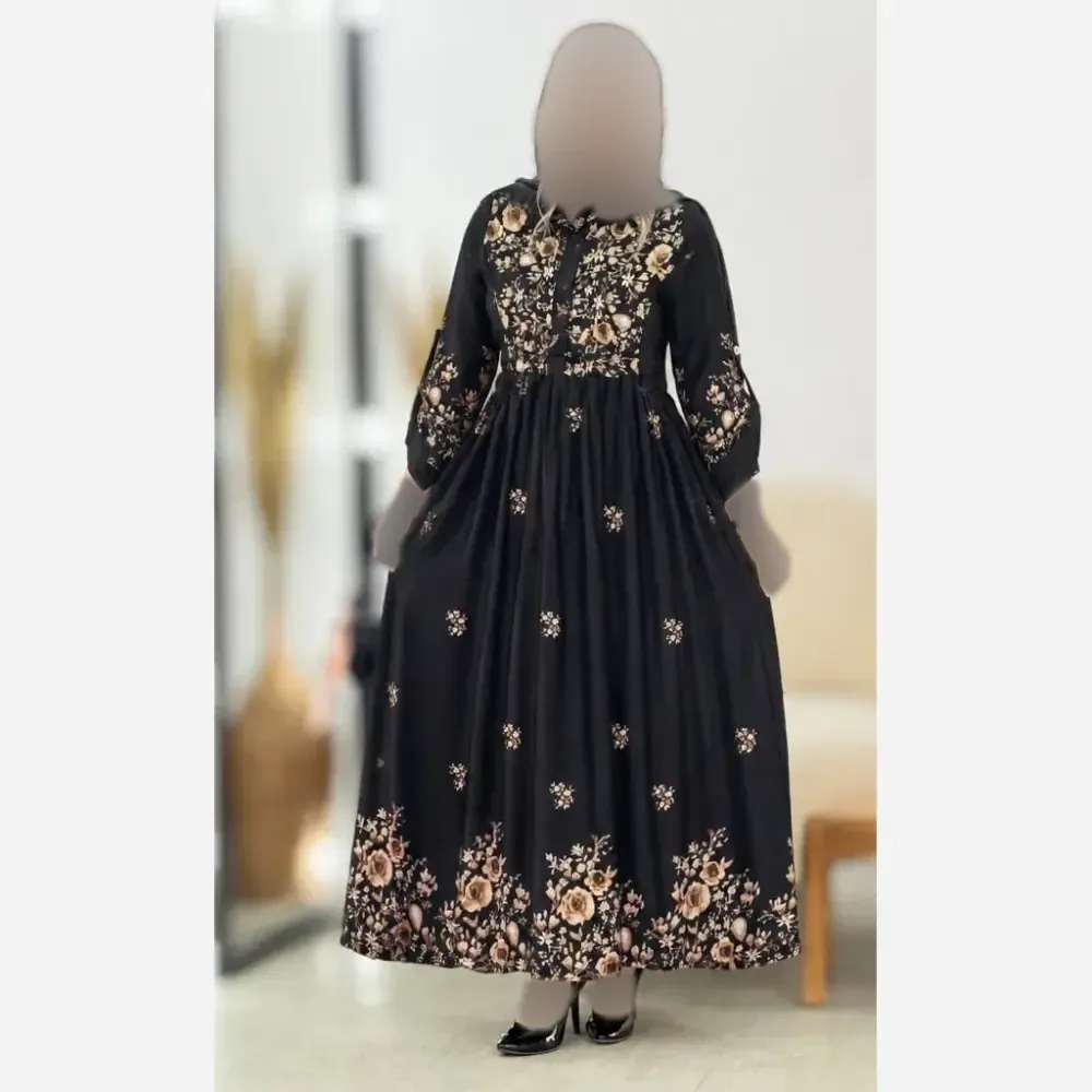 پیراهن زنانه بوگاتی زنبق فری سایز 38 تا 46 گل طلایی و گل صورتی